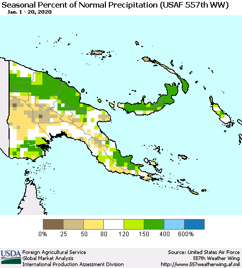 Papua New Guinea Seasonal Percent of Normal Precipitation (USAF 557th WW) Thematic Map For 1/1/2020 - 1/20/2020