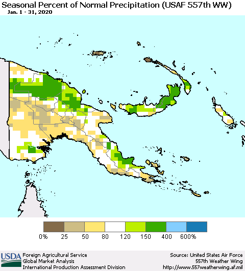 Papua New Guinea Seasonal Percent of Normal Precipitation (USAF 557th WW) Thematic Map For 1/1/2020 - 1/31/2020