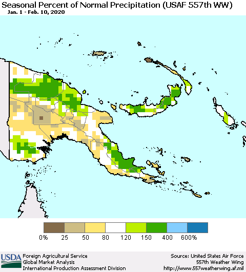 Papua New Guinea Seasonal Percent of Normal Precipitation (USAF 557th WW) Thematic Map For 1/1/2020 - 2/10/2020
