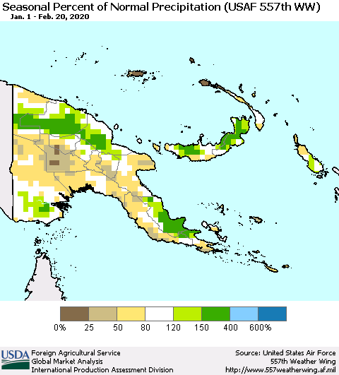 Papua New Guinea Seasonal Percent of Normal Precipitation (USAF 557th WW) Thematic Map For 1/1/2020 - 2/20/2020