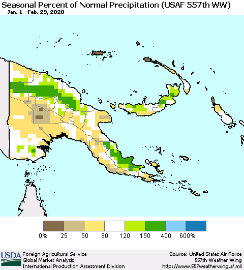 Papua New Guinea Seasonal Percent of Normal Precipitation (USAF 557th WW) Thematic Map For 1/1/2020 - 2/29/2020