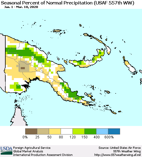 Papua New Guinea Seasonal Percent of Normal Precipitation (USAF 557th WW) Thematic Map For 1/1/2020 - 3/10/2020