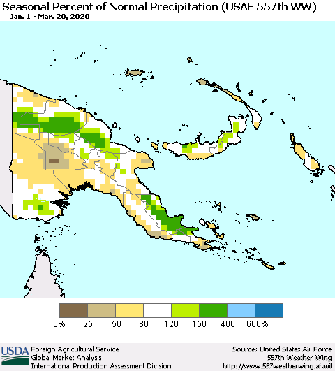 Papua New Guinea Seasonal Percent of Normal Precipitation (USAF 557th WW) Thematic Map For 1/1/2020 - 3/20/2020