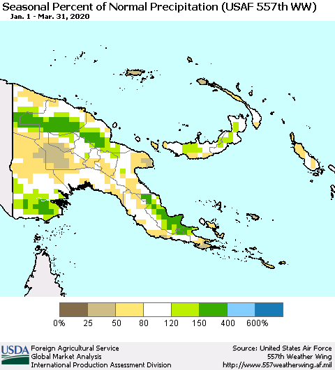 Papua New Guinea Seasonal Percent of Normal Precipitation (USAF 557th WW) Thematic Map For 1/1/2020 - 3/31/2020