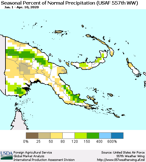 Papua New Guinea Seasonal Percent of Normal Precipitation (USAF 557th WW) Thematic Map For 1/1/2020 - 4/10/2020
