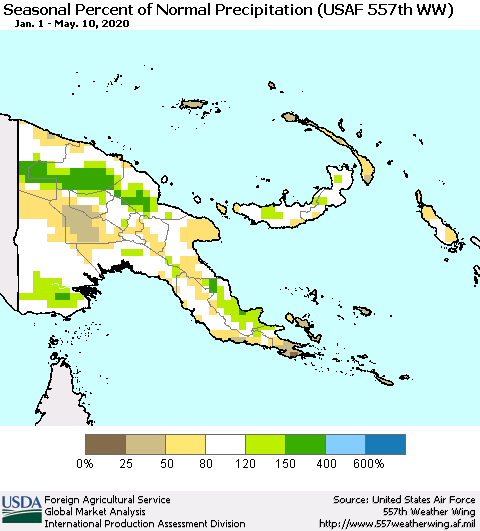 Papua New Guinea Seasonal Percent of Normal Precipitation (USAF 557th WW) Thematic Map For 1/1/2020 - 5/10/2020