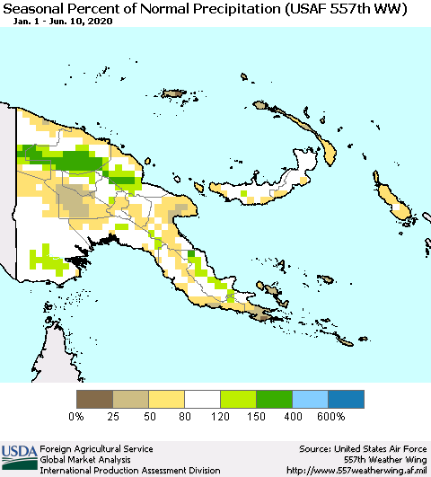 Papua New Guinea Seasonal Percent of Normal Precipitation (USAF 557th WW) Thematic Map For 1/1/2020 - 6/10/2020