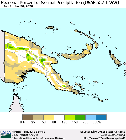 Papua New Guinea Seasonal Percent of Normal Precipitation (USAF 557th WW) Thematic Map For 1/1/2020 - 6/30/2020