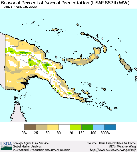 Papua New Guinea Seasonal Percent of Normal Precipitation (USAF 557th WW) Thematic Map For 1/1/2020 - 8/10/2020