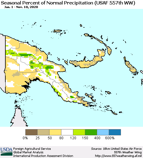 Papua New Guinea Seasonal Percent of Normal Precipitation (USAF 557th WW) Thematic Map For 1/1/2020 - 11/10/2020