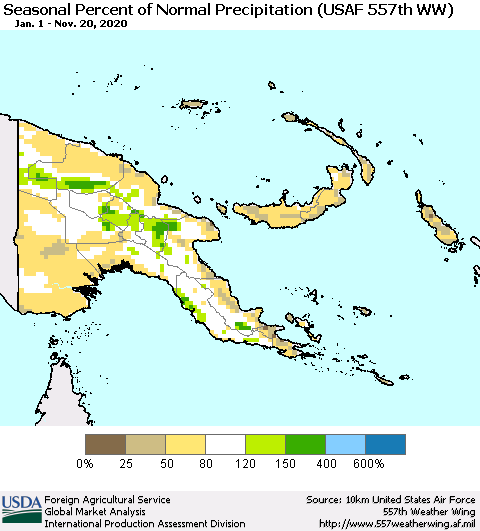 Papua New Guinea Seasonal Percent of Normal Precipitation (USAF 557th WW) Thematic Map For 1/1/2020 - 11/20/2020