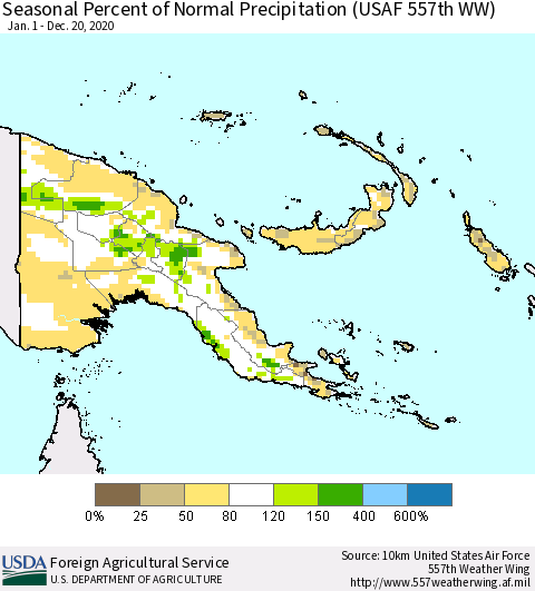Papua New Guinea Seasonal Percent of Normal Precipitation (USAF 557th WW) Thematic Map For 1/1/2020 - 12/20/2020