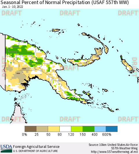 Papua New Guinea Seasonal Percent of Normal Precipitation (USAF 557th WW) Thematic Map For 1/1/2022 - 1/10/2022