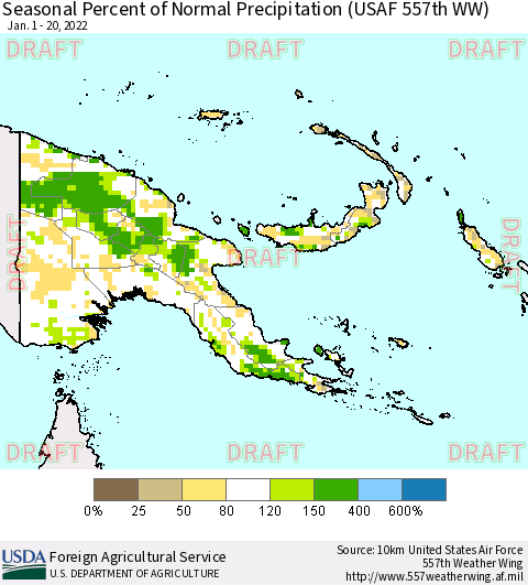 Papua New Guinea Seasonal Percent of Normal Precipitation (USAF 557th WW) Thematic Map For 1/1/2022 - 1/20/2022
