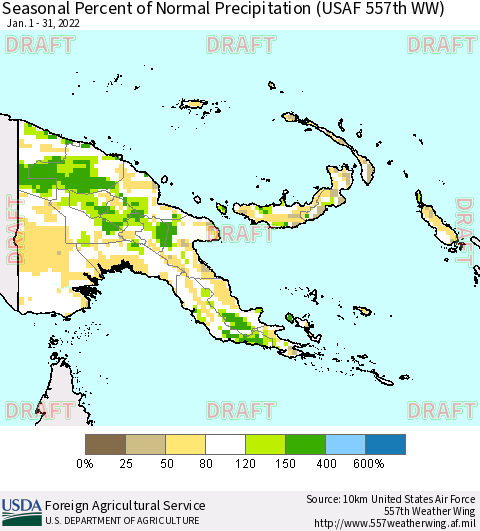 Papua New Guinea Seasonal Percent of Normal Precipitation (USAF 557th WW) Thematic Map For 1/1/2022 - 1/31/2022
