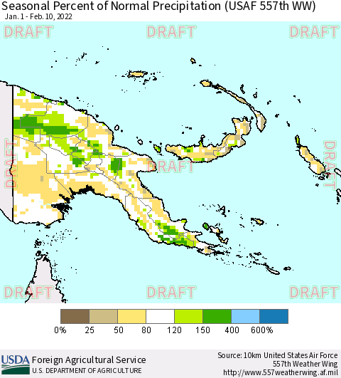 Papua New Guinea Seasonal Percent of Normal Precipitation (USAF 557th WW) Thematic Map For 1/1/2022 - 2/10/2022