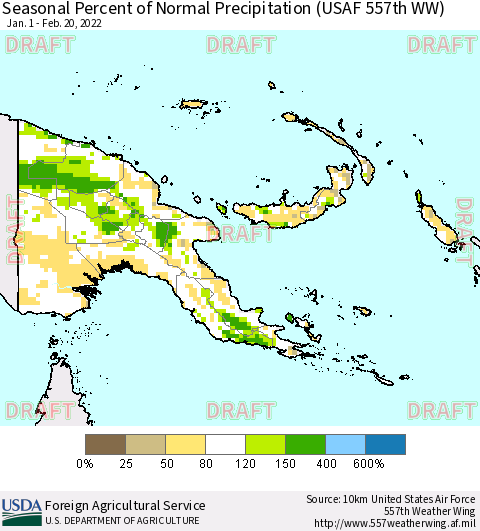 Papua New Guinea Seasonal Percent of Normal Precipitation (USAF 557th WW) Thematic Map For 1/1/2022 - 2/20/2022