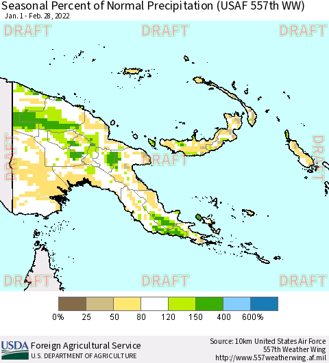 Papua New Guinea Seasonal Percent of Normal Precipitation (USAF 557th WW) Thematic Map For 1/1/2022 - 2/28/2022