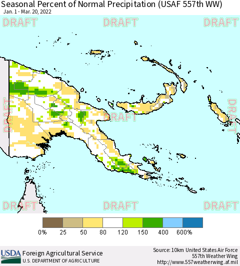 Papua New Guinea Seasonal Percent of Normal Precipitation (USAF 557th WW) Thematic Map For 1/1/2022 - 3/20/2022