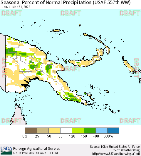 Papua New Guinea Seasonal Percent of Normal Precipitation (USAF 557th WW) Thematic Map For 1/1/2022 - 3/31/2022