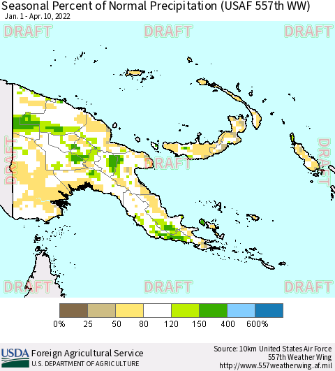 Papua New Guinea Seasonal Percent of Normal Precipitation (USAF 557th WW) Thematic Map For 1/1/2022 - 4/10/2022
