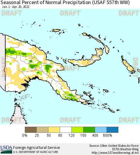 Papua New Guinea Seasonal Percent of Normal Precipitation (USAF 557th WW) Thematic Map For 1/1/2022 - 4/20/2022