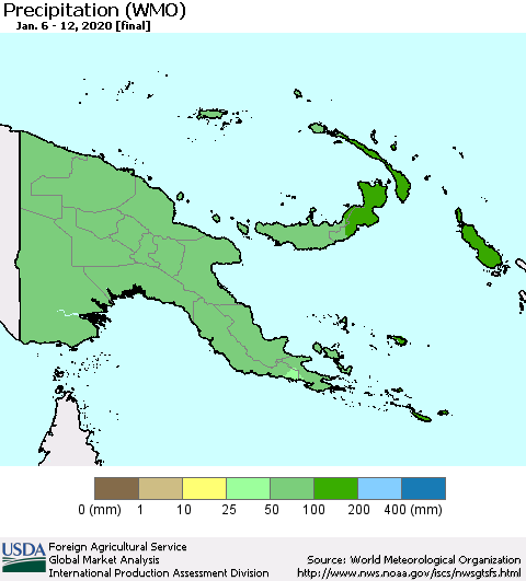 Papua New Guinea Precipitation (WMO) Thematic Map For 1/6/2020 - 1/12/2020