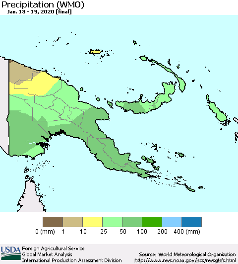 Papua New Guinea Precipitation (WMO) Thematic Map For 1/13/2020 - 1/19/2020