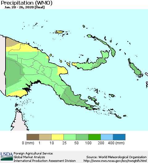 Papua New Guinea Precipitation (WMO) Thematic Map For 1/20/2020 - 1/26/2020