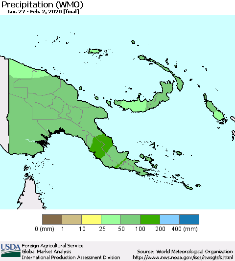 Papua New Guinea Precipitation (WMO) Thematic Map For 1/27/2020 - 2/2/2020