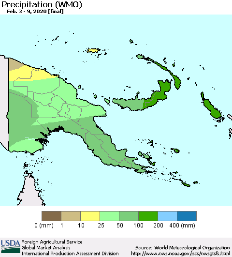 Papua New Guinea Precipitation (WMO) Thematic Map For 2/3/2020 - 2/9/2020