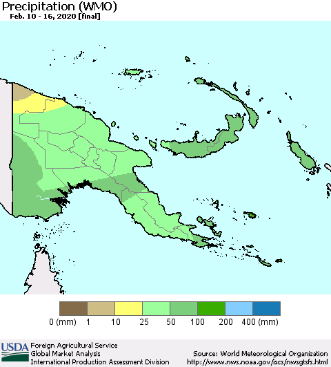 Papua New Guinea Precipitation (WMO) Thematic Map For 2/10/2020 - 2/16/2020