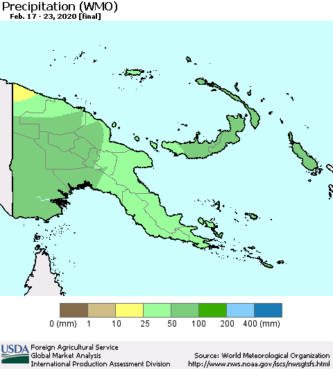 Papua New Guinea Precipitation (WMO) Thematic Map For 2/17/2020 - 2/23/2020