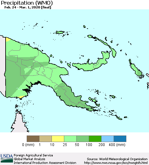 Papua New Guinea Precipitation (WMO) Thematic Map For 2/24/2020 - 3/1/2020