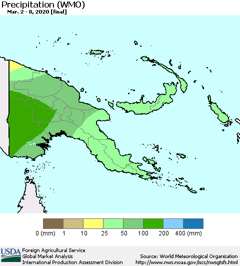 Papua New Guinea Precipitation (WMO) Thematic Map For 3/2/2020 - 3/8/2020