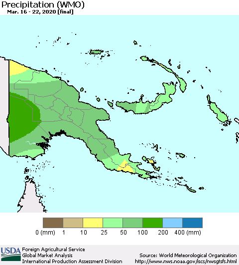Papua New Guinea Precipitation (WMO) Thematic Map For 3/16/2020 - 3/22/2020