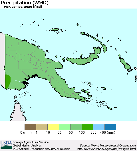 Papua New Guinea Precipitation (WMO) Thematic Map For 3/23/2020 - 3/29/2020