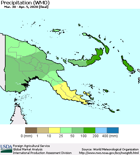 Papua New Guinea Precipitation (WMO) Thematic Map For 3/30/2020 - 4/5/2020