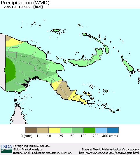 Papua New Guinea Precipitation (WMO) Thematic Map For 4/13/2020 - 4/19/2020