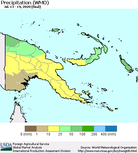 Papua New Guinea Precipitation (WMO) Thematic Map For 7/13/2020 - 7/19/2020