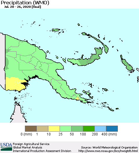 Papua New Guinea Precipitation (WMO) Thematic Map For 7/20/2020 - 7/26/2020