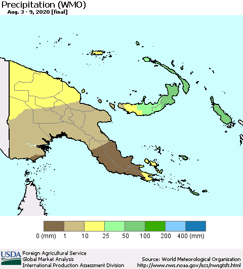 Papua New Guinea Precipitation (WMO) Thematic Map For 8/3/2020 - 8/9/2020