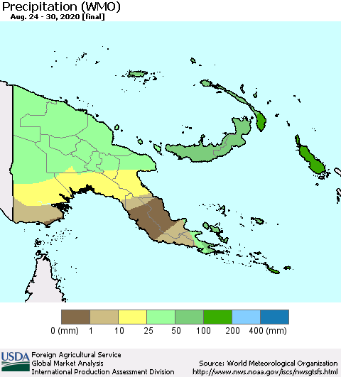 Papua New Guinea Precipitation (WMO) Thematic Map For 8/24/2020 - 8/30/2020