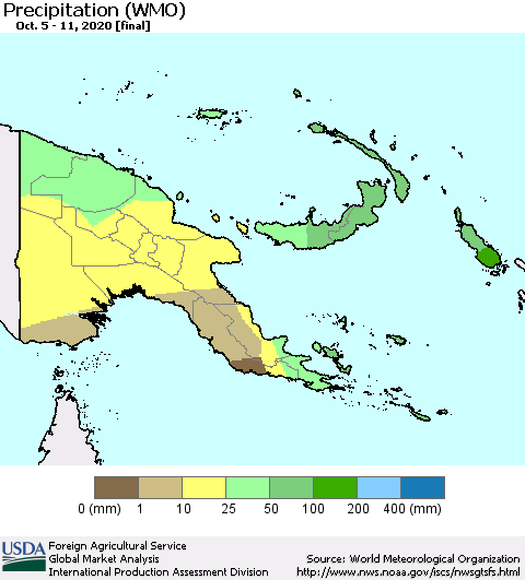 Papua New Guinea Precipitation (WMO) Thematic Map For 10/5/2020 - 10/11/2020
