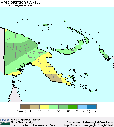 Papua New Guinea Precipitation (WMO) Thematic Map For 10/12/2020 - 10/18/2020