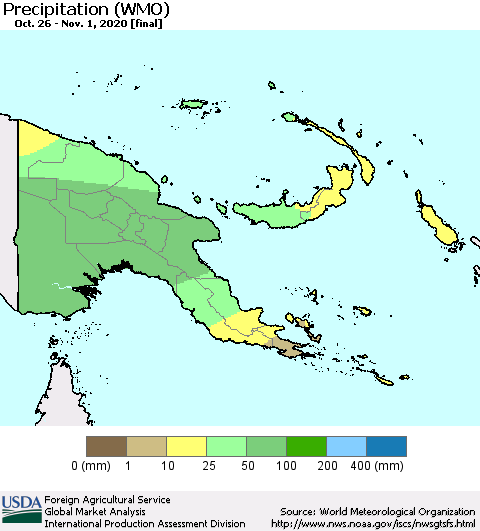 Papua New Guinea Precipitation (WMO) Thematic Map For 10/26/2020 - 11/1/2020