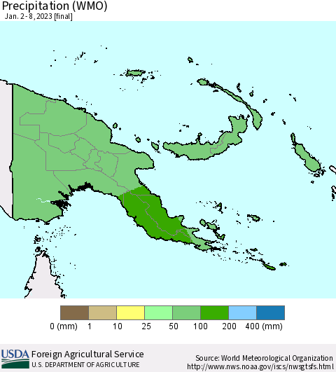 Papua New Guinea Precipitation (WMO) Thematic Map For 1/2/2023 - 1/8/2023
