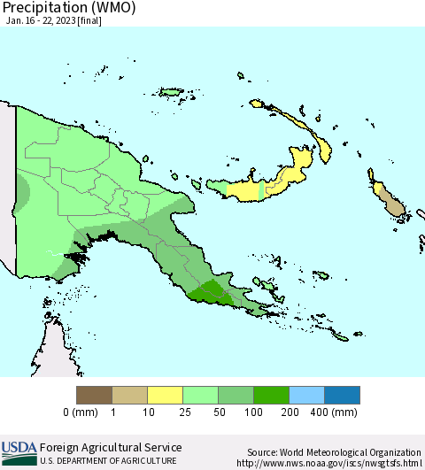 Papua New Guinea Precipitation (WMO) Thematic Map For 1/16/2023 - 1/22/2023