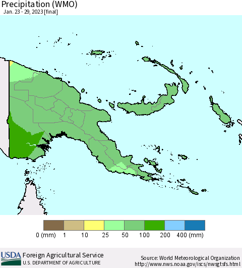 Papua New Guinea Precipitation (WMO) Thematic Map For 1/23/2023 - 1/29/2023