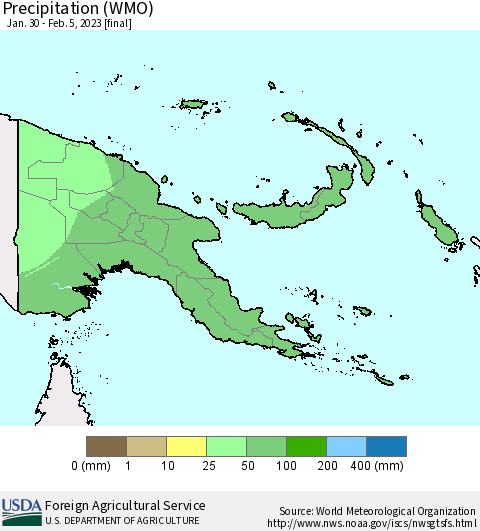 Papua New Guinea Precipitation (WMO) Thematic Map For 1/30/2023 - 2/5/2023